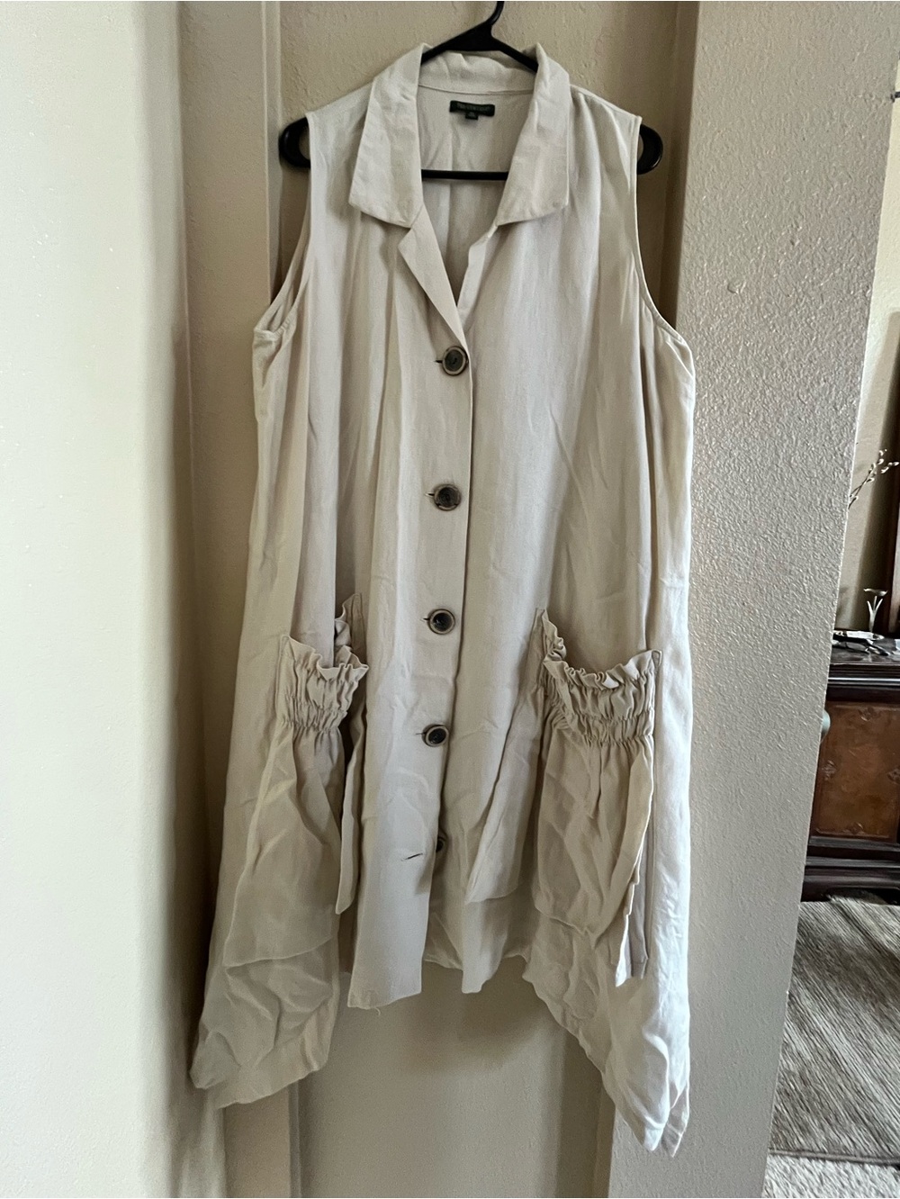 For Cynthia Sleeveless Midi Button-Front Vest in Light Beige